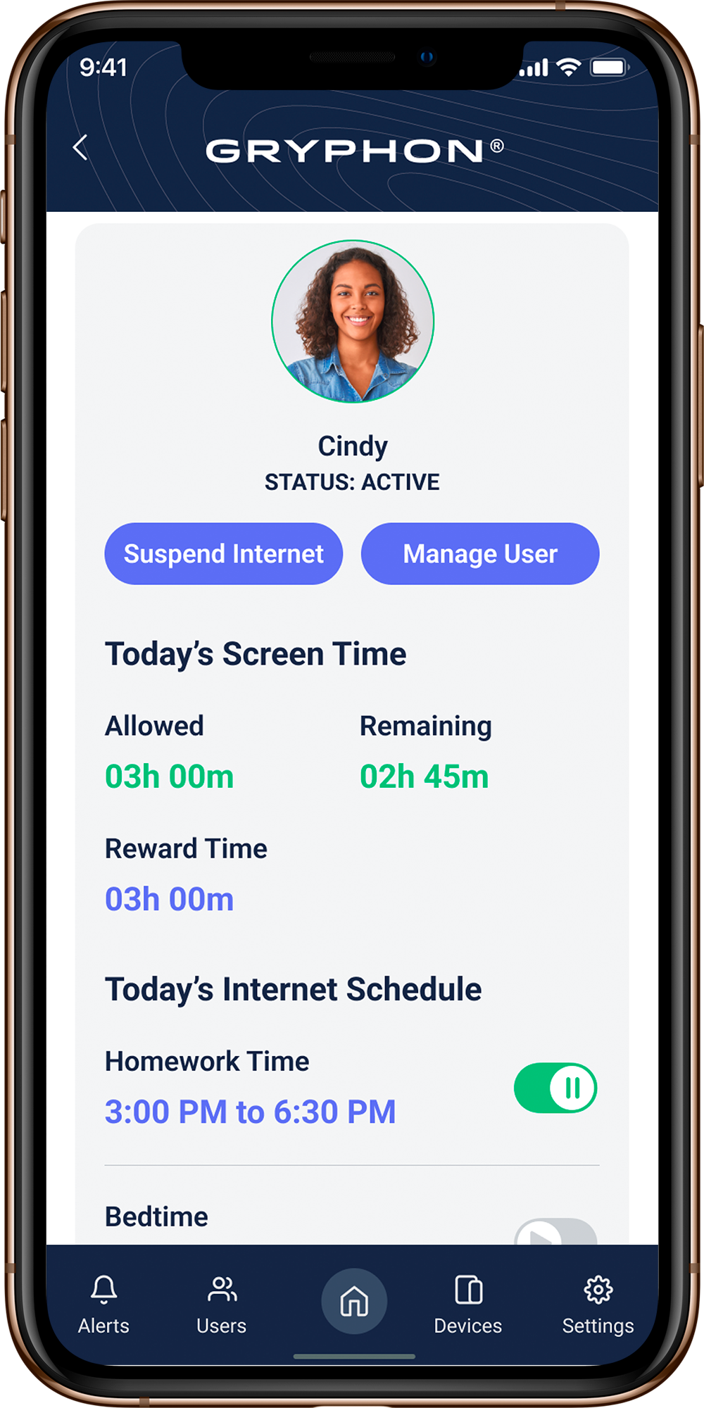 Gryphon Connect app showing a family member’s screen time and internet schedule