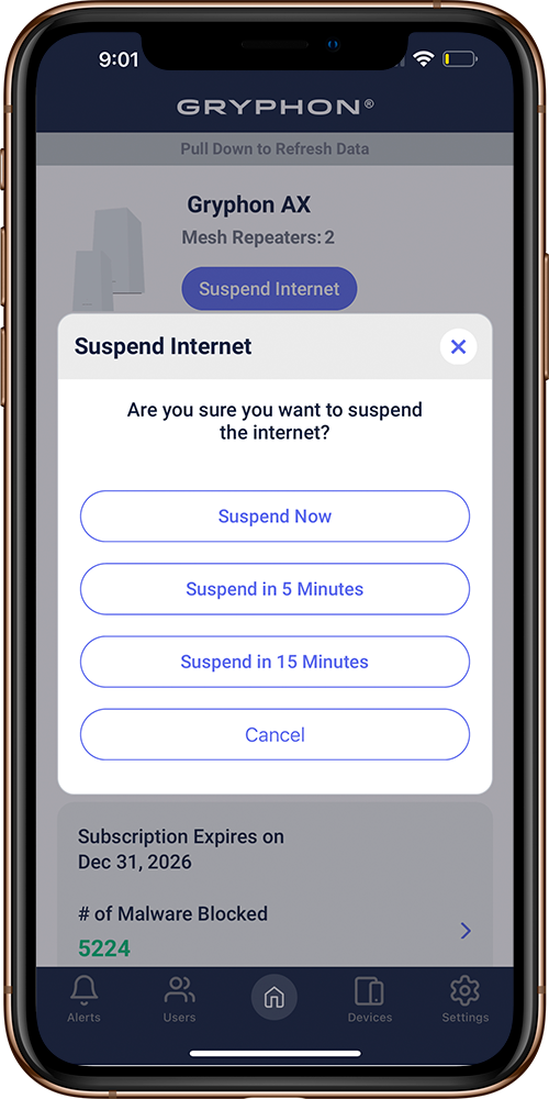 Gryphon app offering suspend now, in five minutes, or in fifteen minutes