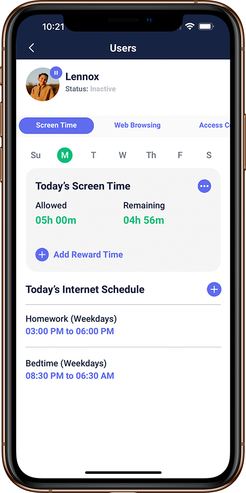 Gryphon profile showing remaining screen time and homework and bedtime schedules