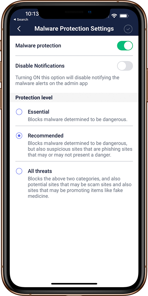 Actual Gryphon app malware protection settings with essential, recommended, and all threats options