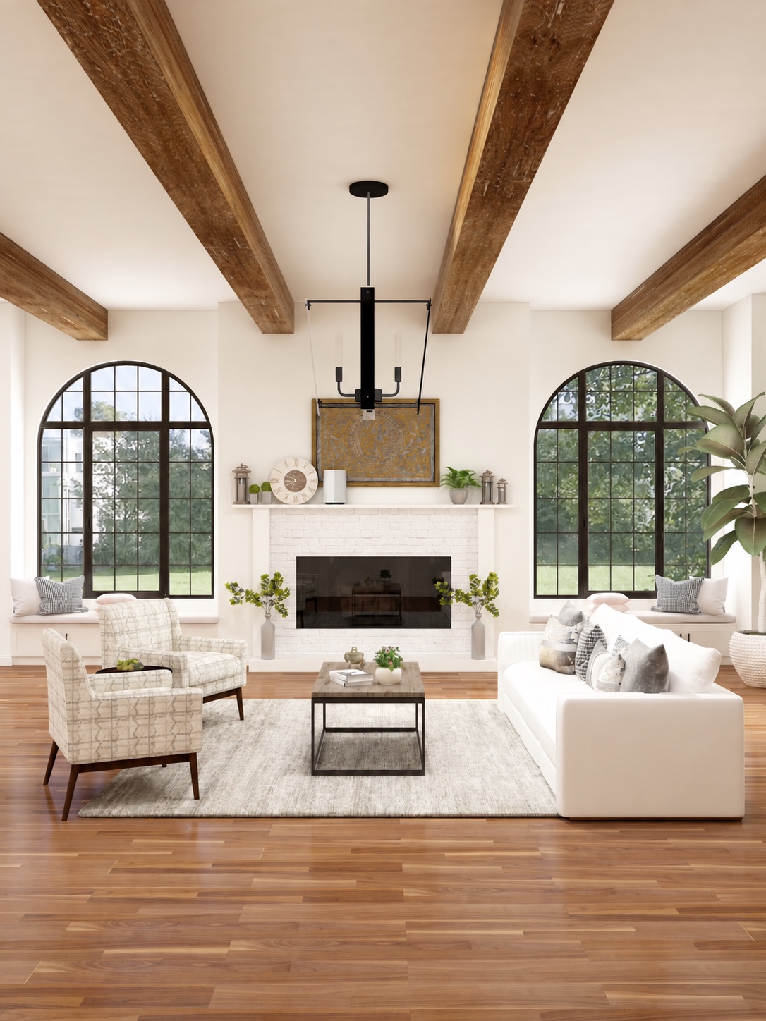 Gryphon router on the mantel in a living room with arched windows and timber beams