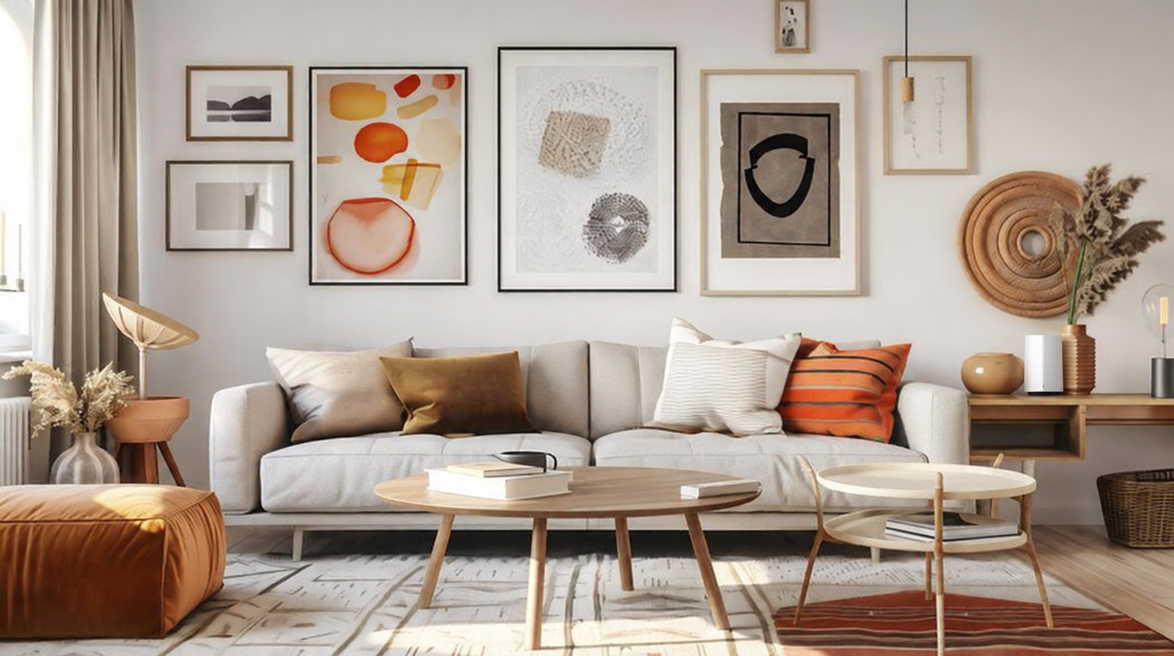 Gryphon router beside a sofa in a bright, art-filled living room